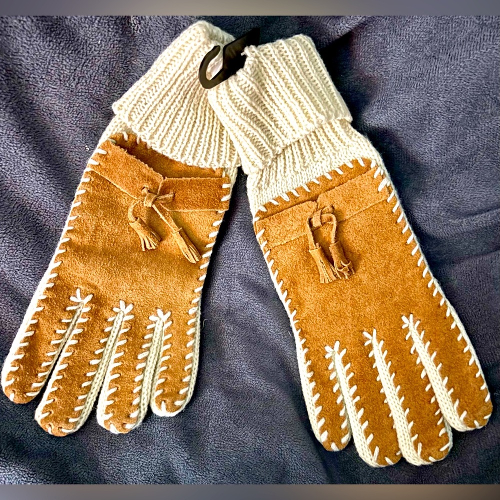 Vintage knitted suede gloves with tassels new old stock one size fits all.